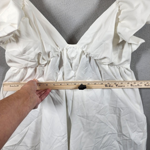 SHEIN X Dress Womens Large White Ruffle Sleeve Tie Back Mini Babydoll Style - Picture 4 of 14